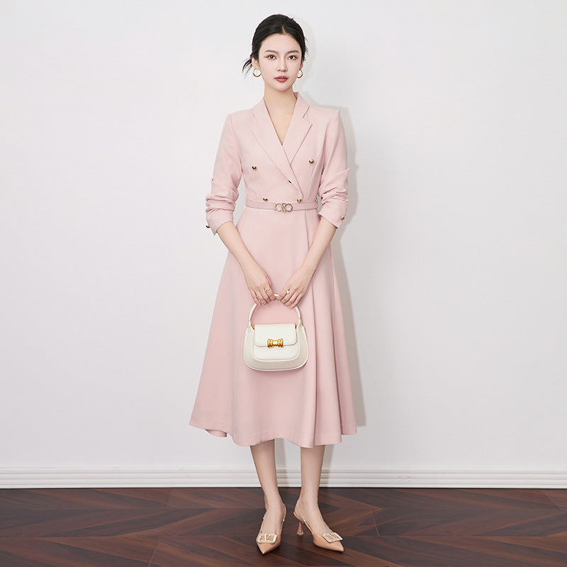 Elegant Chic Ladies Spring Office Blazer Dresses Long Sleeve Women Fashion Notched Solid Blue Pink Midi Dress with Belt