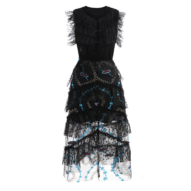 Women Runway Designer Luxury Embroidery Mesh Dress Suit Set High Quality Lace Party Robe Long Vintage Cocktail Vestidos