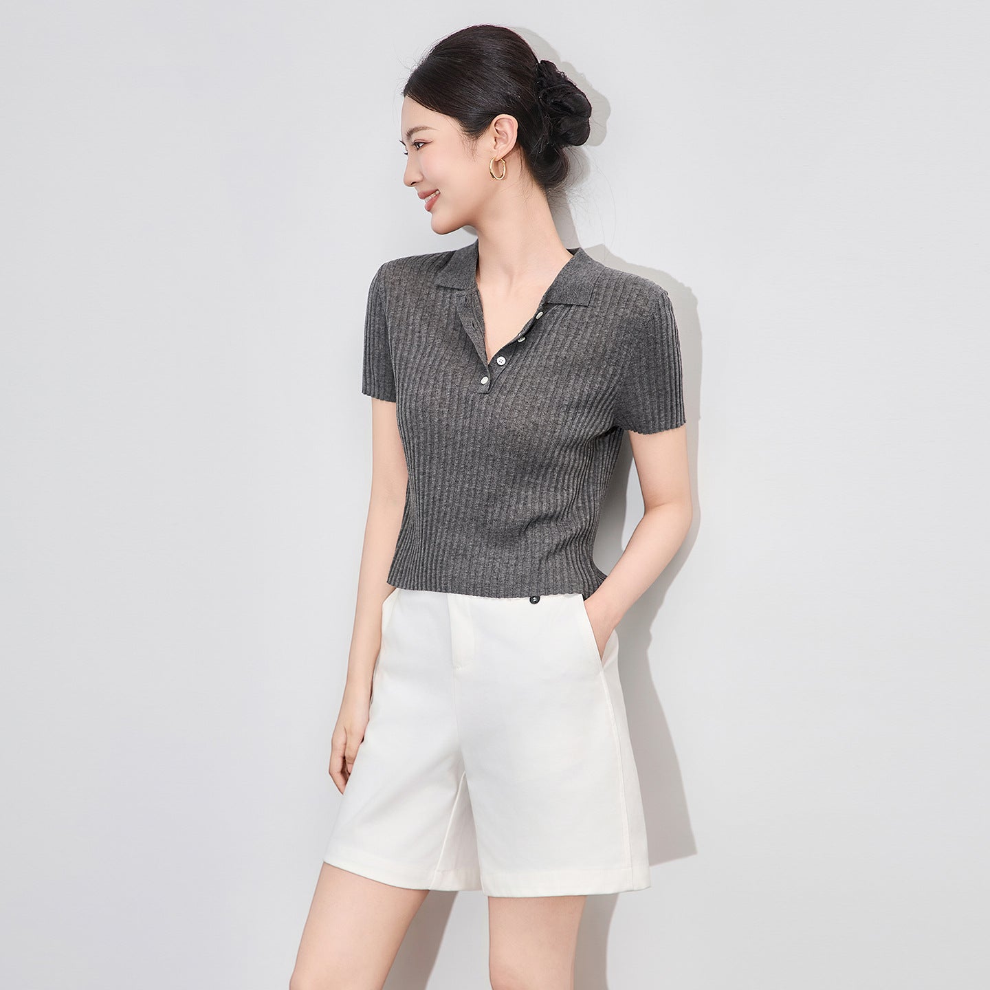 Women's Summer Knitted Polo Neck Tee Shirts Clothing Stretch Short Sleeve Bodycon Casual Folds Tops Ladies