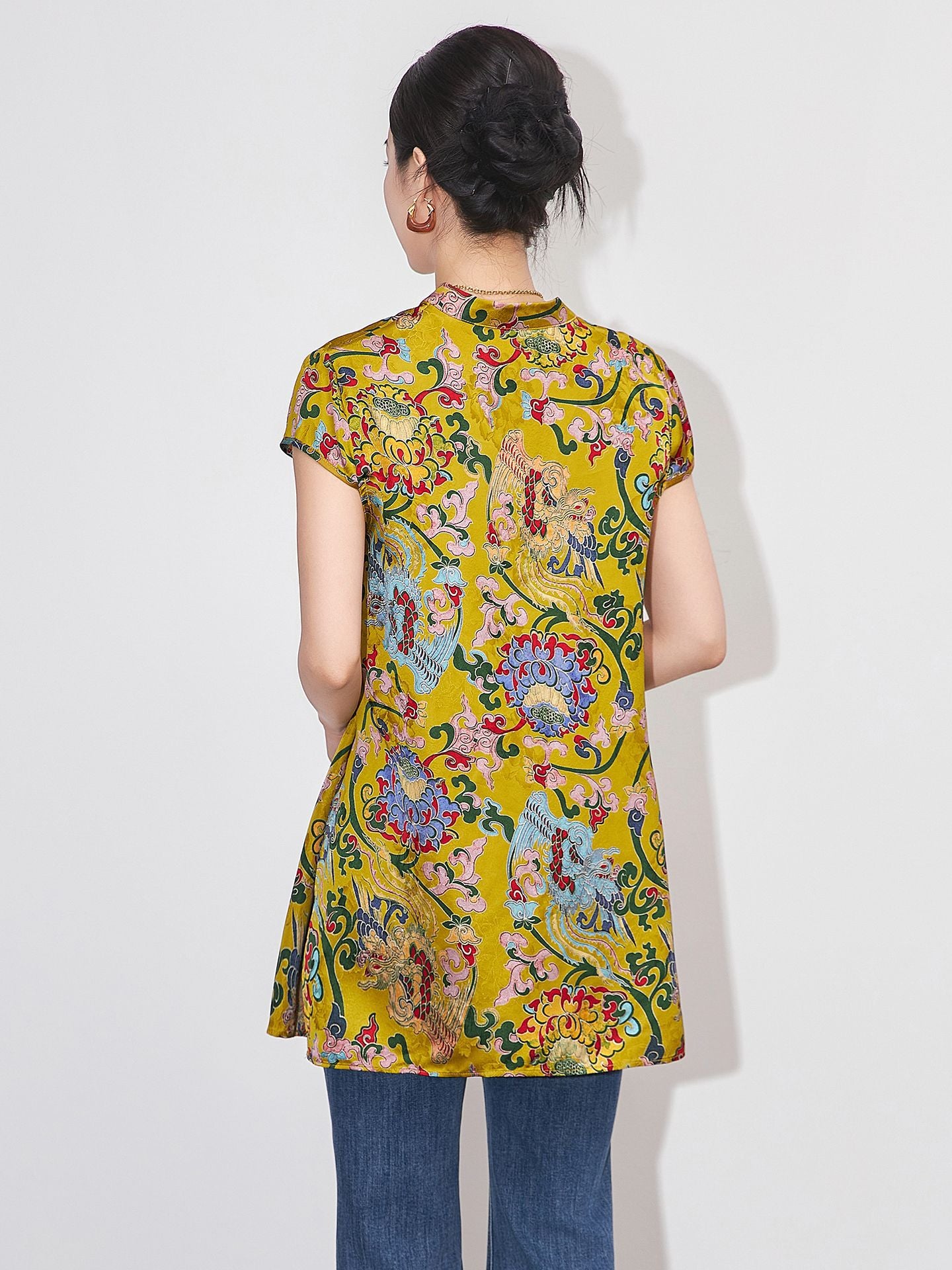 Summer Fashion Women's Blouse New Chinese Style Vintage Print Rayon Xiangyunsha Fabric Short Sleeve Elegant Top