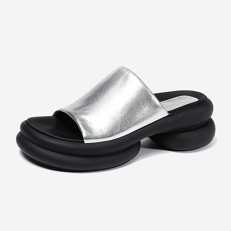 Leather Peep Toe Soft High Heels Slingback Mules Office Lady Casual Slip On Party Concise Platform Women Sandals