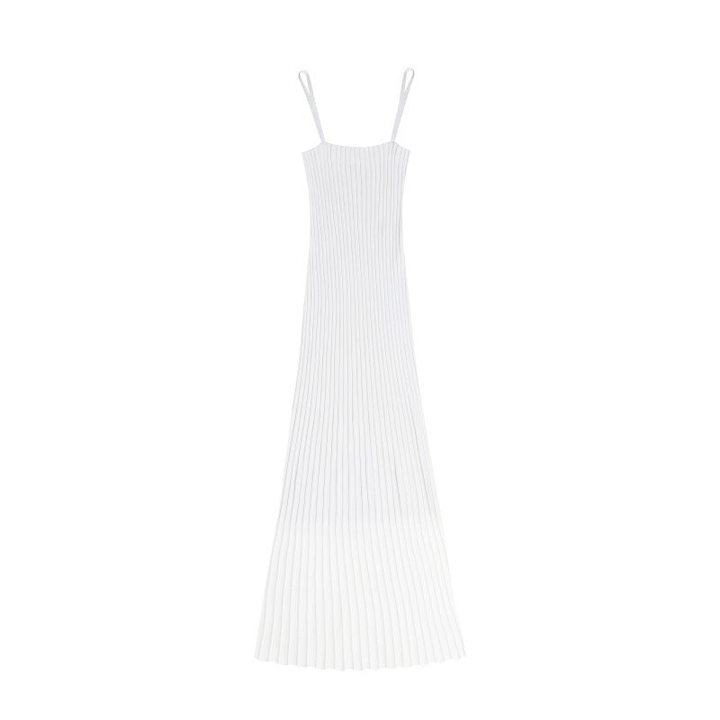 Women Square Neck Spaghetti Strap Ribbed Knit Elastic High Waist Cami Long Dress