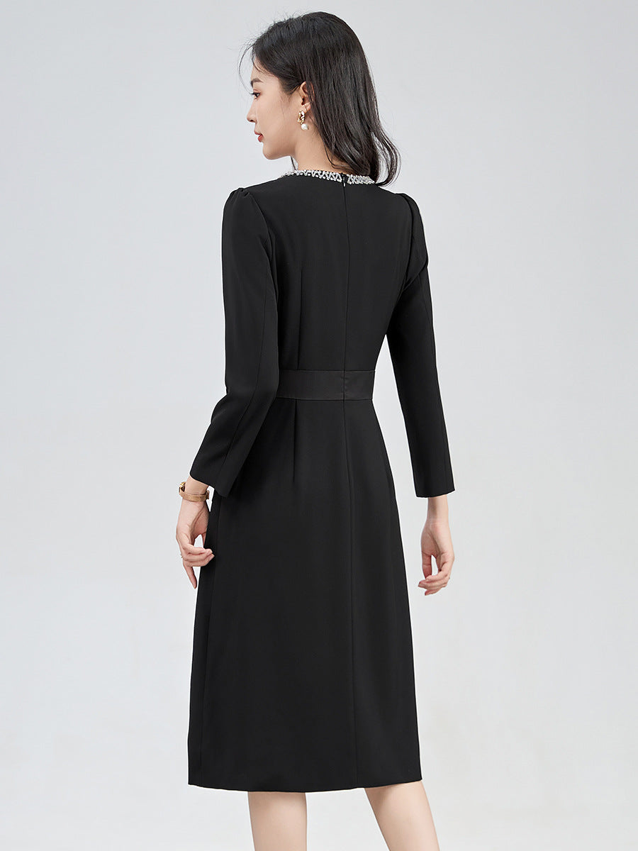 Slimming Heavy Work Waist Cinched Red Angora Knee Length Dress Women's Fashion Elegant Style Full Sleeve round Neck Dress