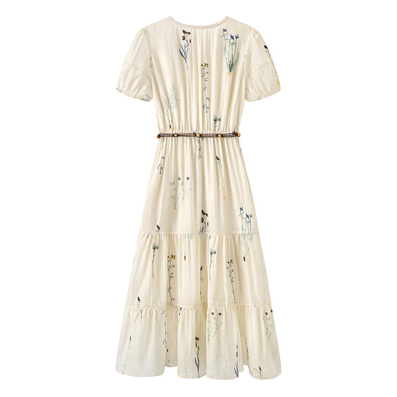 Elegant Printed Simple Waist-Cinching Midi Dress Women's Summer New Fashionable Ladylike Style Belted Dress