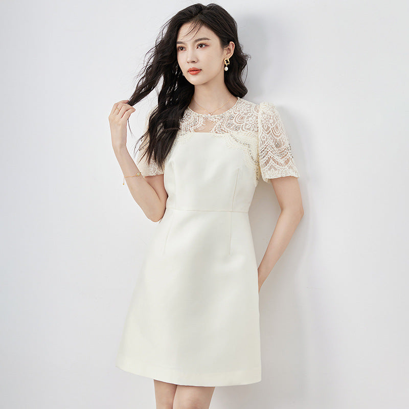 Fashion Desige Women's Party Dress Summer Lace Hollow Out Short Sleeve Solid Mini Dresses