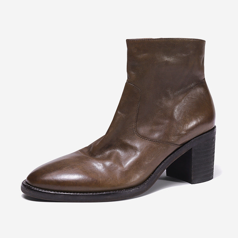 Women Genuine Leather Ankle Boots Thick High Heeled Autumn Winter Short Fashion Shoes Woman Office Lady Boots