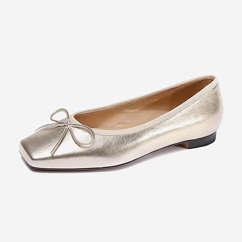 Gold Genuine Leather Women Ballet Flat Shoes Silver Cute Bow-tie Square Toe Silver Ballerina Shoe