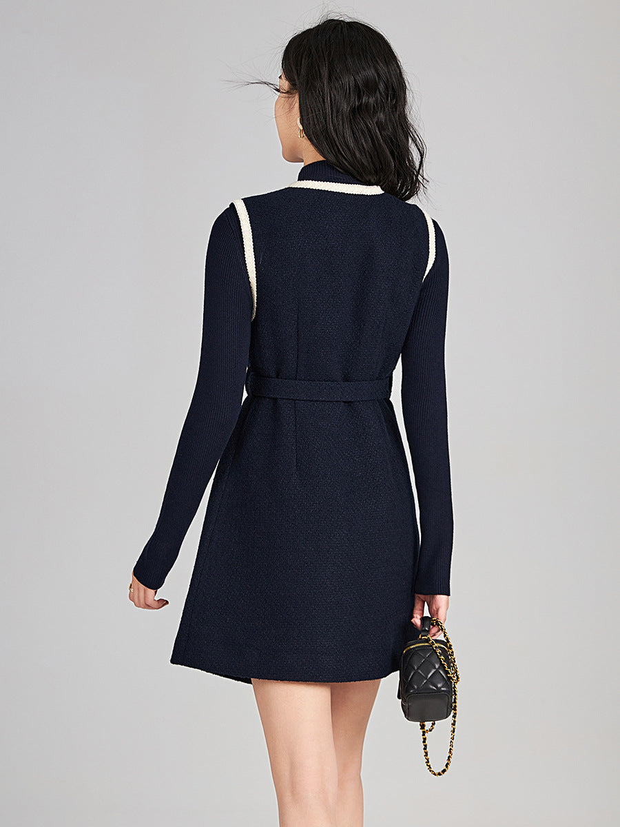 Metallic Button V-Neck Black Slimming Knit Dress For Women Autumn/Winter Season