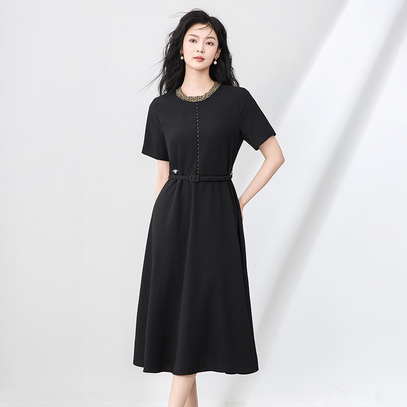 Elegant Simple Office Lady Summer Dress Beaded Round Neck Short Sleeves Embroidered High Waist Belt Slim A-line Long Dress Women