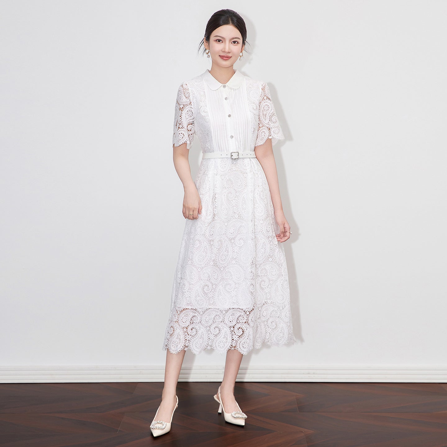 Elegant Commuter Lace Dress Doll Collar Short Sleeve Single Breasted High Waist Belt Slim A-line Long Dress Women Summer