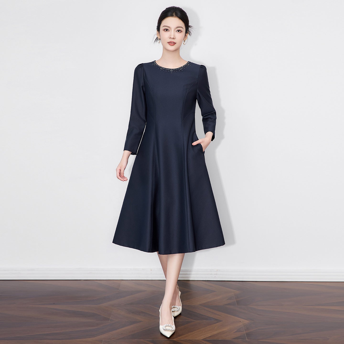 O-neck Mid Dress Spring Women Diamond Long Sleeves Loose Dresses Summer High Waist Pullover Zipper Knee Length Dress