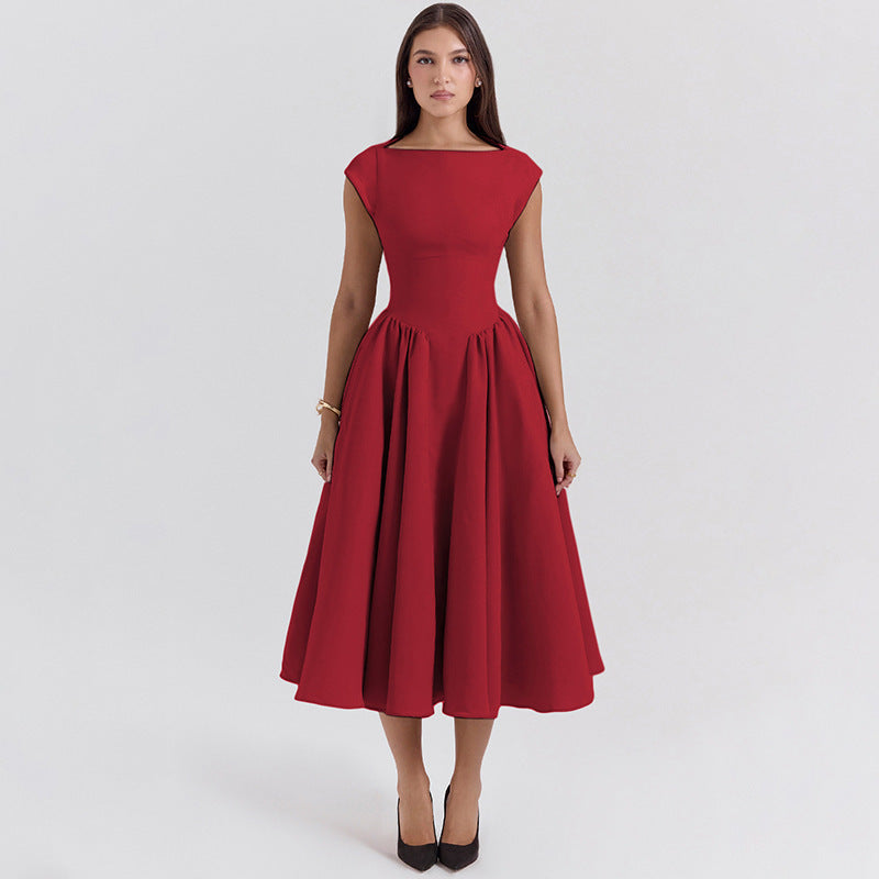 Maxi Dress Women A-line O-neck Sleeveless High Waisted Elegant Dress Summer Ladies Chic Vocation Robes