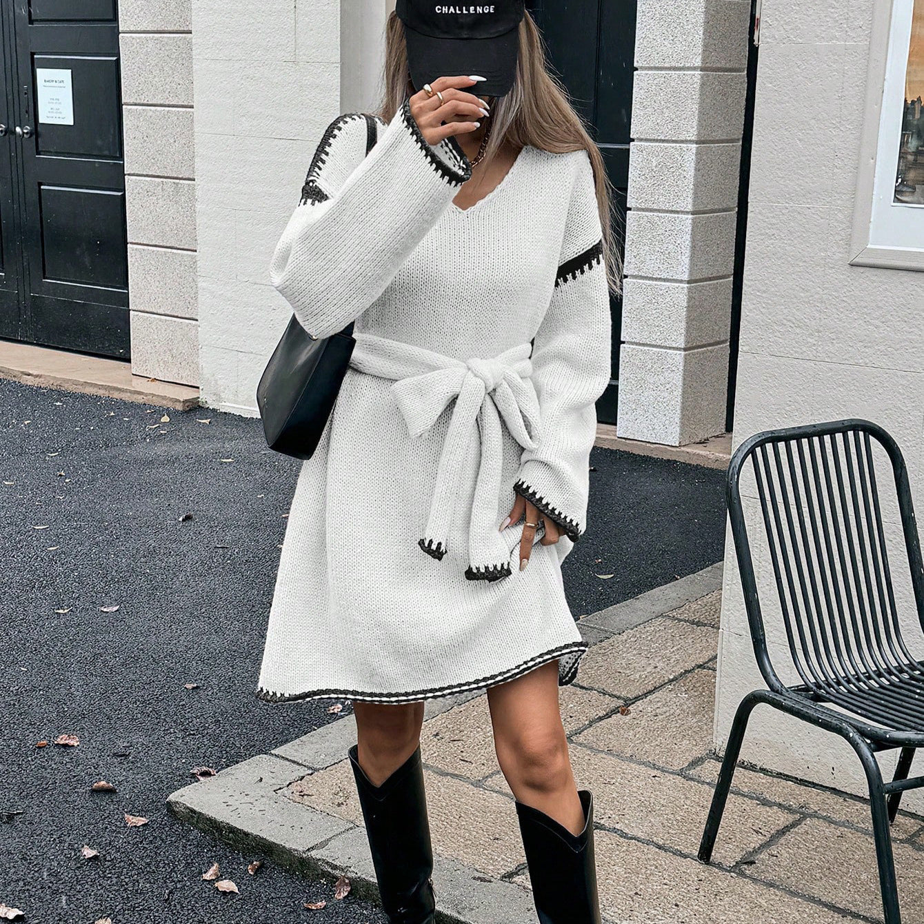 Autumn/Winter Fashion Lazy Style Fashion Strap Waist Loose Knitted V-neck Long Sleeve Autumn Mid Length Dress for Women Dresses