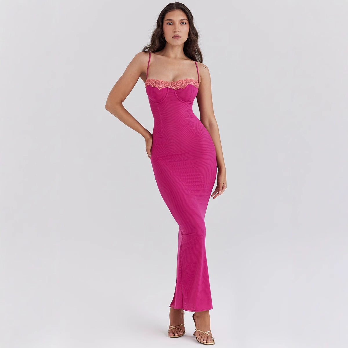 Mozision Lace Spaghetti Strap Bodycon Maxi Dress Women Gown Patchwork Fashion Sleeveless Backless Sexy Club Party Dress Elegant