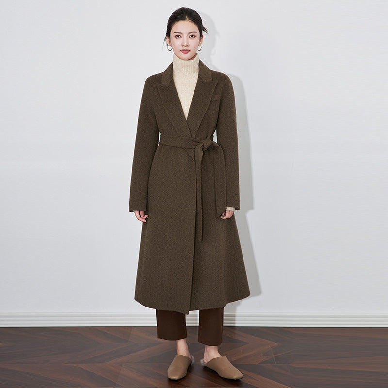 Winter Classic Minimalist Camel Cashmere Overcoat Women's Waist-Fitted Double-Sided Woolen Goods Medium-Length Sheep