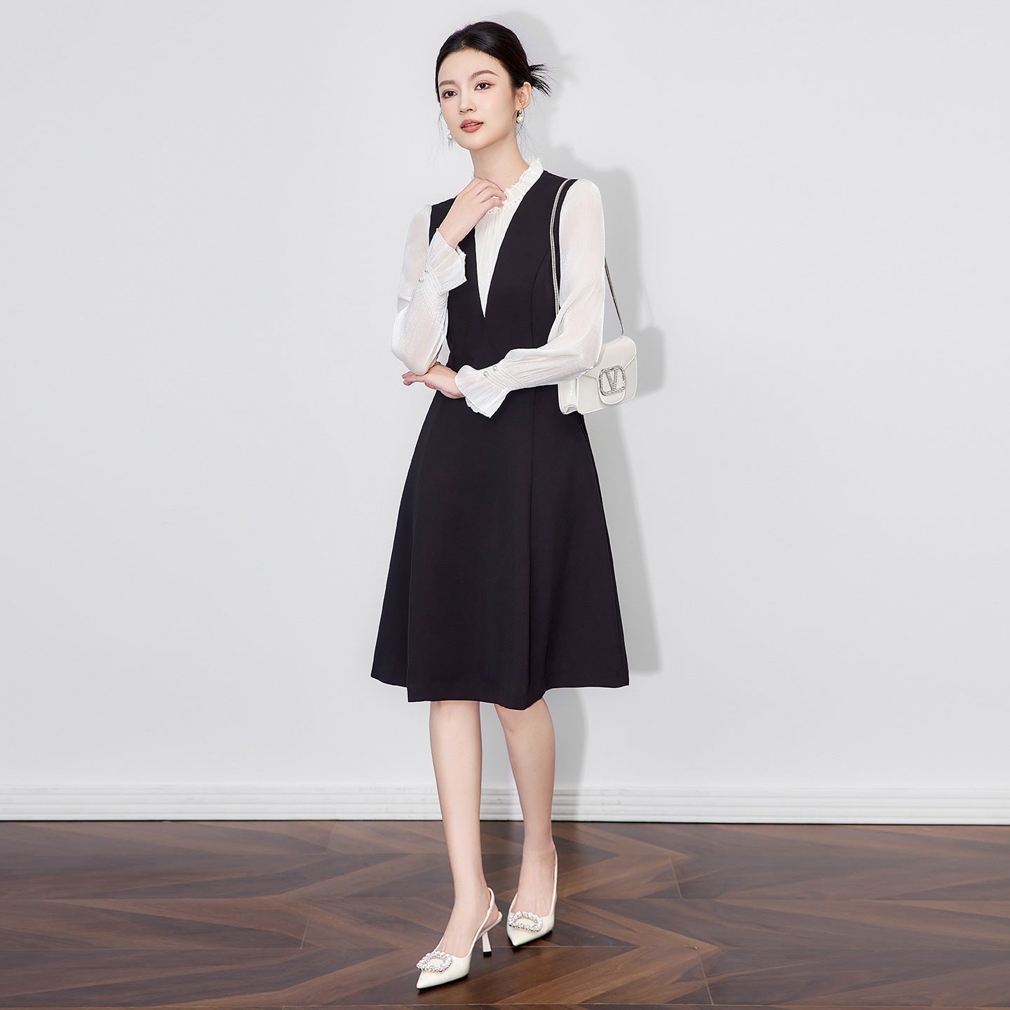 Elegant Commute Ready Two-Piece Dress Women's Fashion Full Sleeve Lantern Sleeve French Style Empire Waist Gown