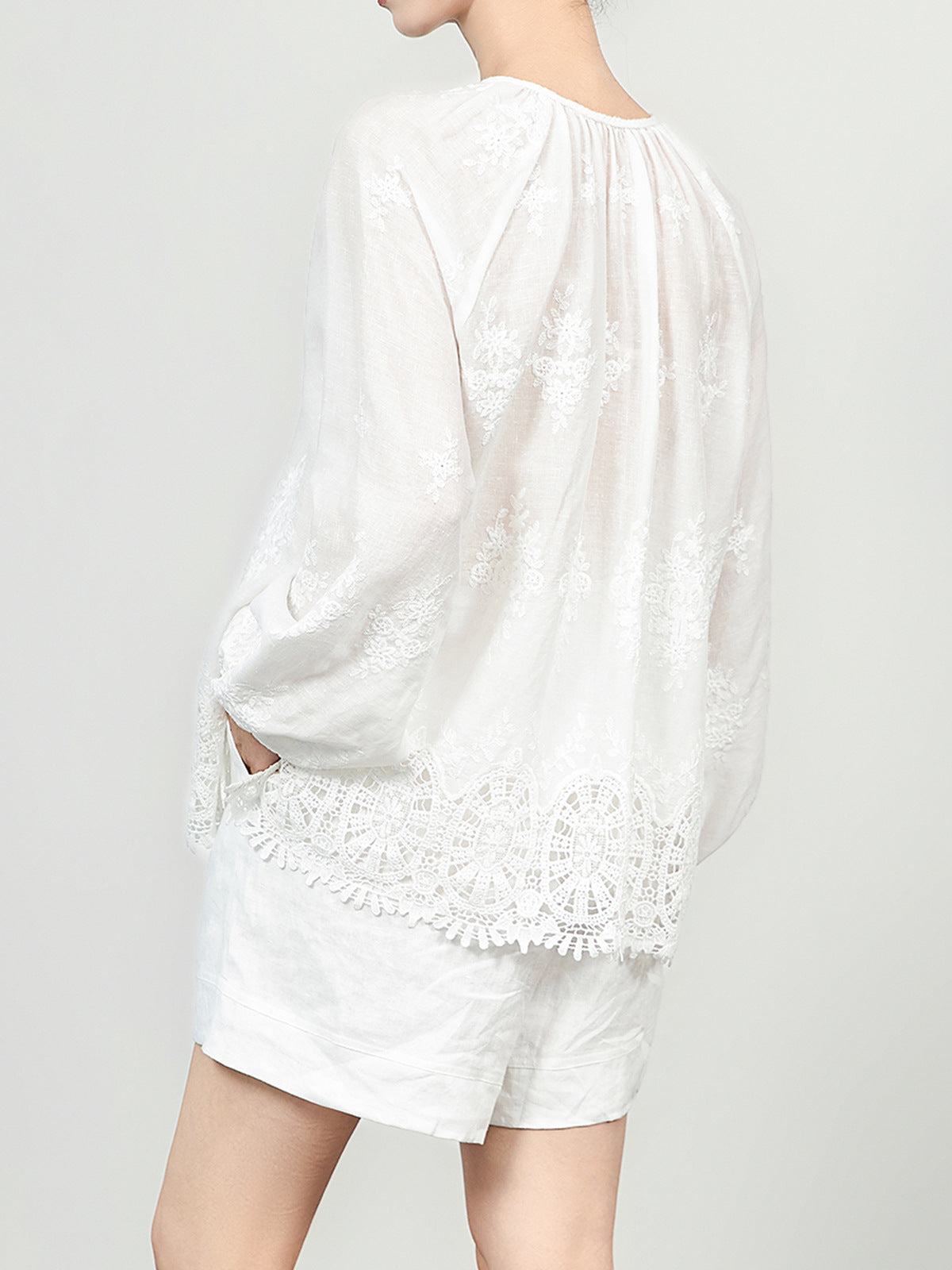 South French Estate Heavyweight Embroidery Long Sleeve Women's Shirt with Belt Tie Three Dimensional Design Button up Top