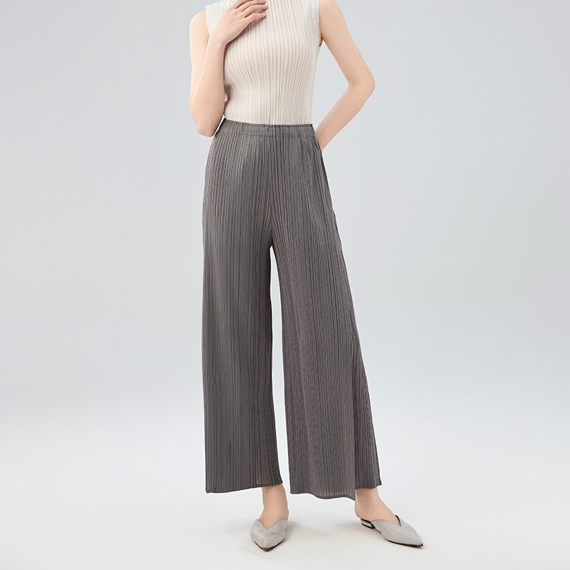 Summer New Temperament Mid-waist Pleated Long Paragraph Splicing Straight Pants