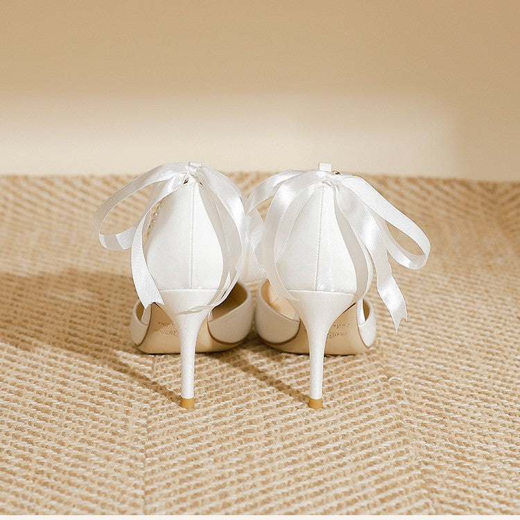 White Ankle Pearl Strap Strappy Design Fashion High Heels Women Pumps Stiletto Sexy Dress Wedding Bridal Shoes Dress Shoes