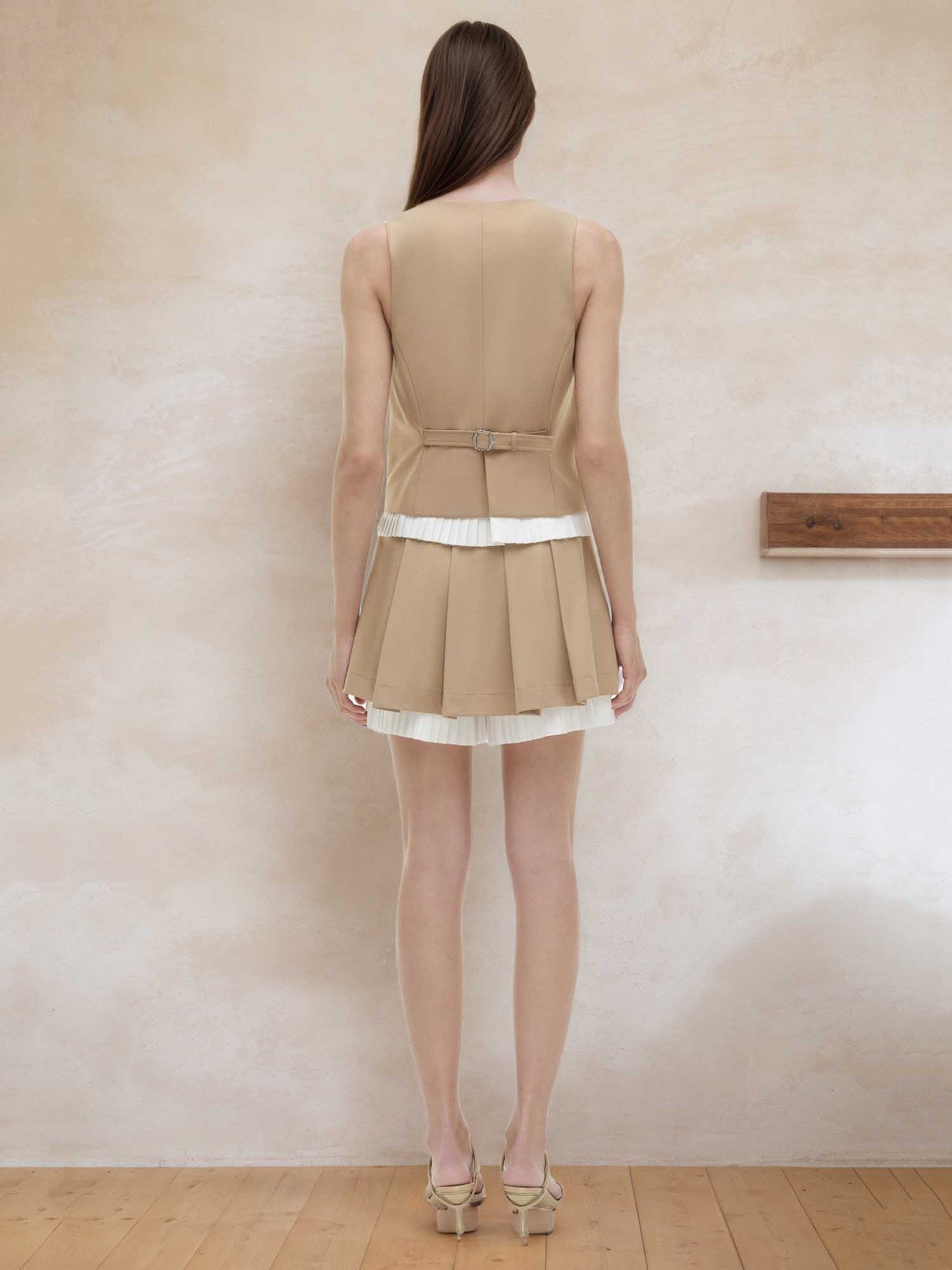 Spring New Arrival Women's Wide Pleat Stripe Vest Sle Dr High Waist No Sve Polyester Fiber ort Skirt V Ne Single ...