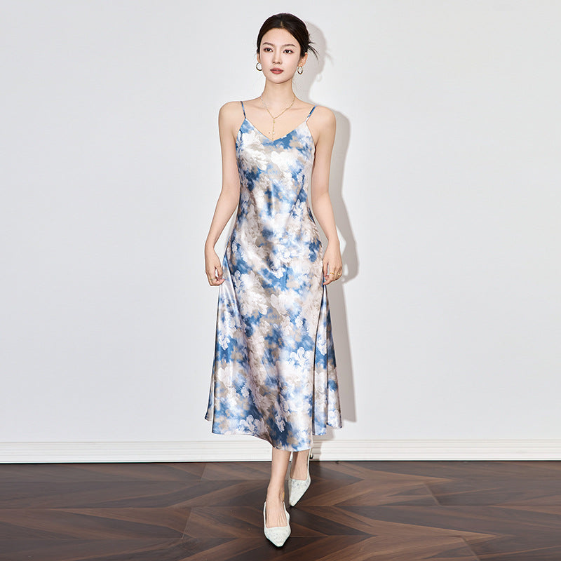 New Chinese Style Water-Media Painting Strap Beach Dress Women Summer Vacation Gown Sleeveless Super Fairy Tale Dress