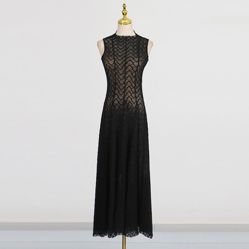 Solid Hollow Up Lace Sexy Dresses For Women Turtleneck Sleeveless High Waist Temperament Summer Dress Female Fashion Style