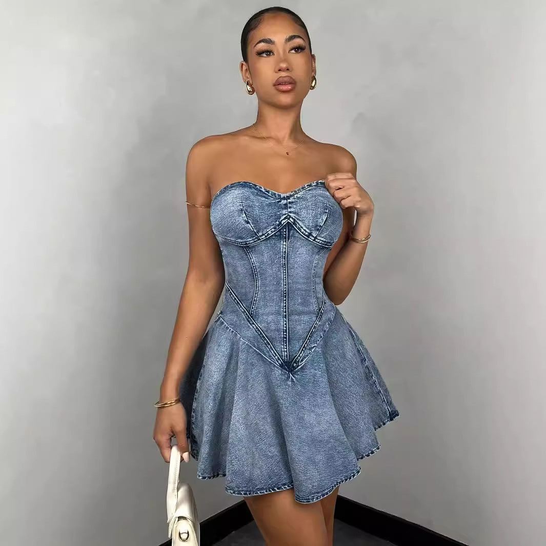 Women Cross Border Wrap Chest Sleeveless Fashion Temperament Denim Sexy Spice A-line Dress