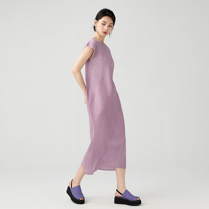 Hot Selling Pleated Dress Irregular Casual Solid Color Slim Round Neck Short Sleeve Folded Mid-length Dress
