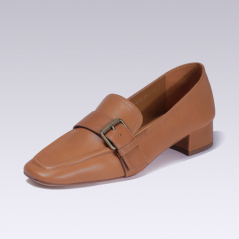 Genuine Leather Cowhide Flat Sole Casual Single Shoes Women's Comfortable and Minimalist Square Head shoes