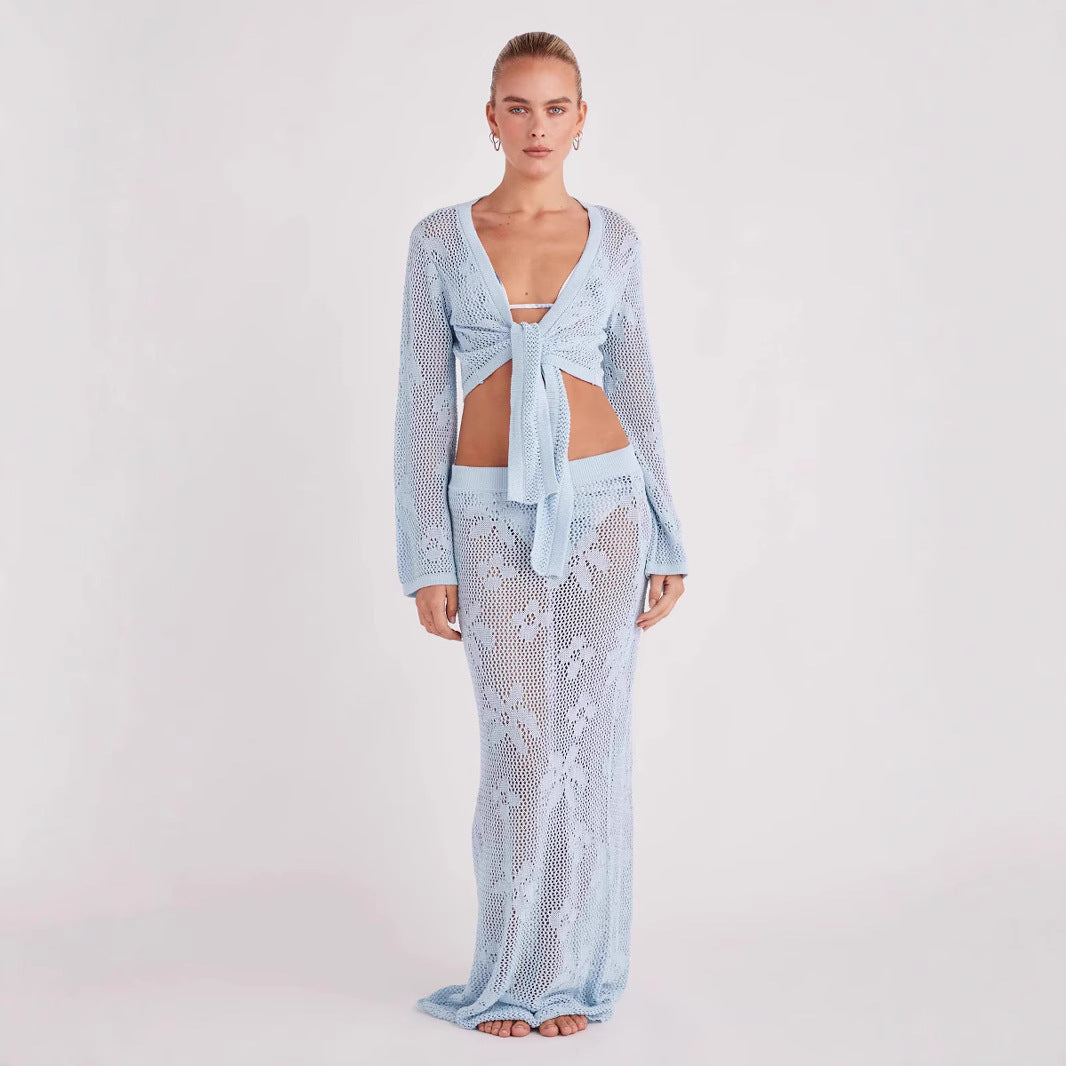 Jacquard Knitted Hollow Out Holiday Beach 2 Piece Set Women Solid Lace Up Long Sleeve Cardigan Crop Tops + Long Skirts Cover Ups
