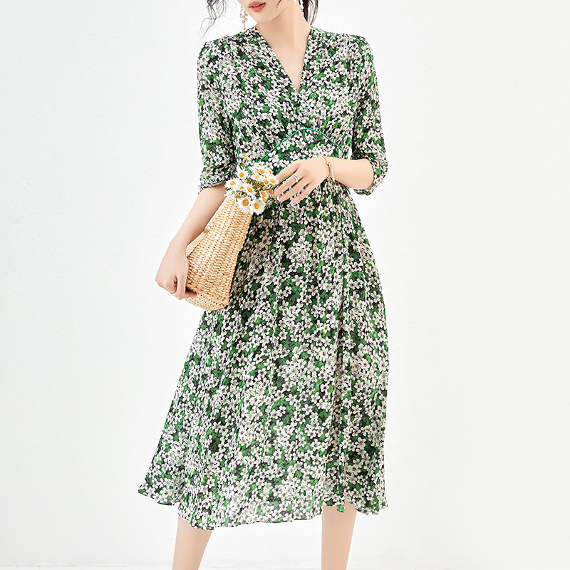 Summer Fashion Dresses For Women 2025 Elegant Chic V-neck High Waist Women's Floral Print Dress 100% Real Silk Long Midi Dress