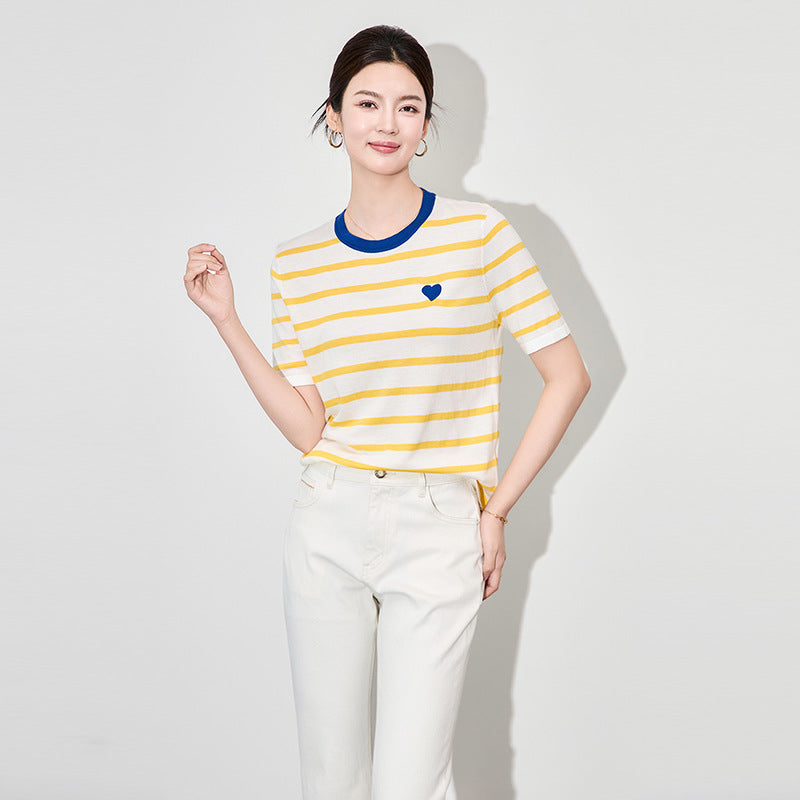 Summer Women's Knitted T-shirt Sweater Love Embroidery Striped Loose Fashion Casual Tees Tops Short Sleeve