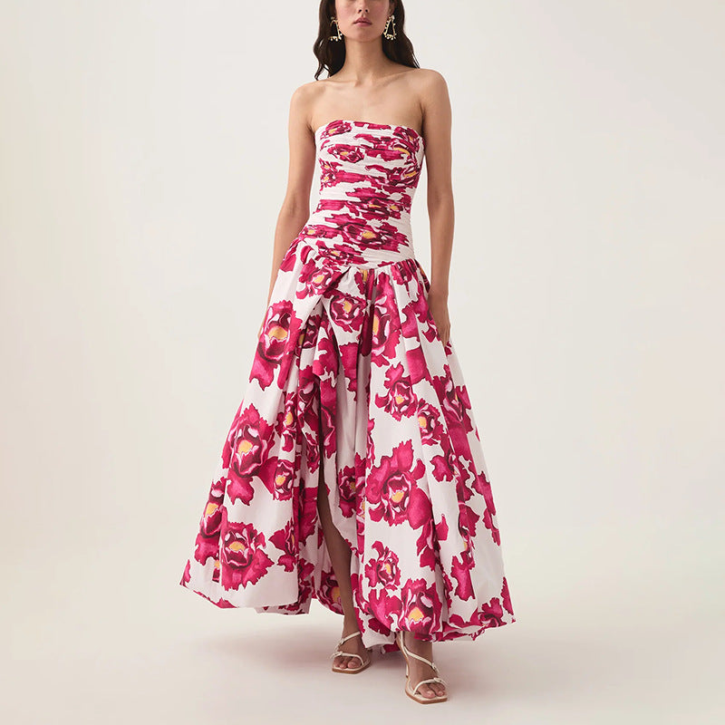Sexy Strapless Printed Split Deign Long Bubble Dress Women Sleeveless Backless High Waist Patchwork Folds Dresses Evening Party