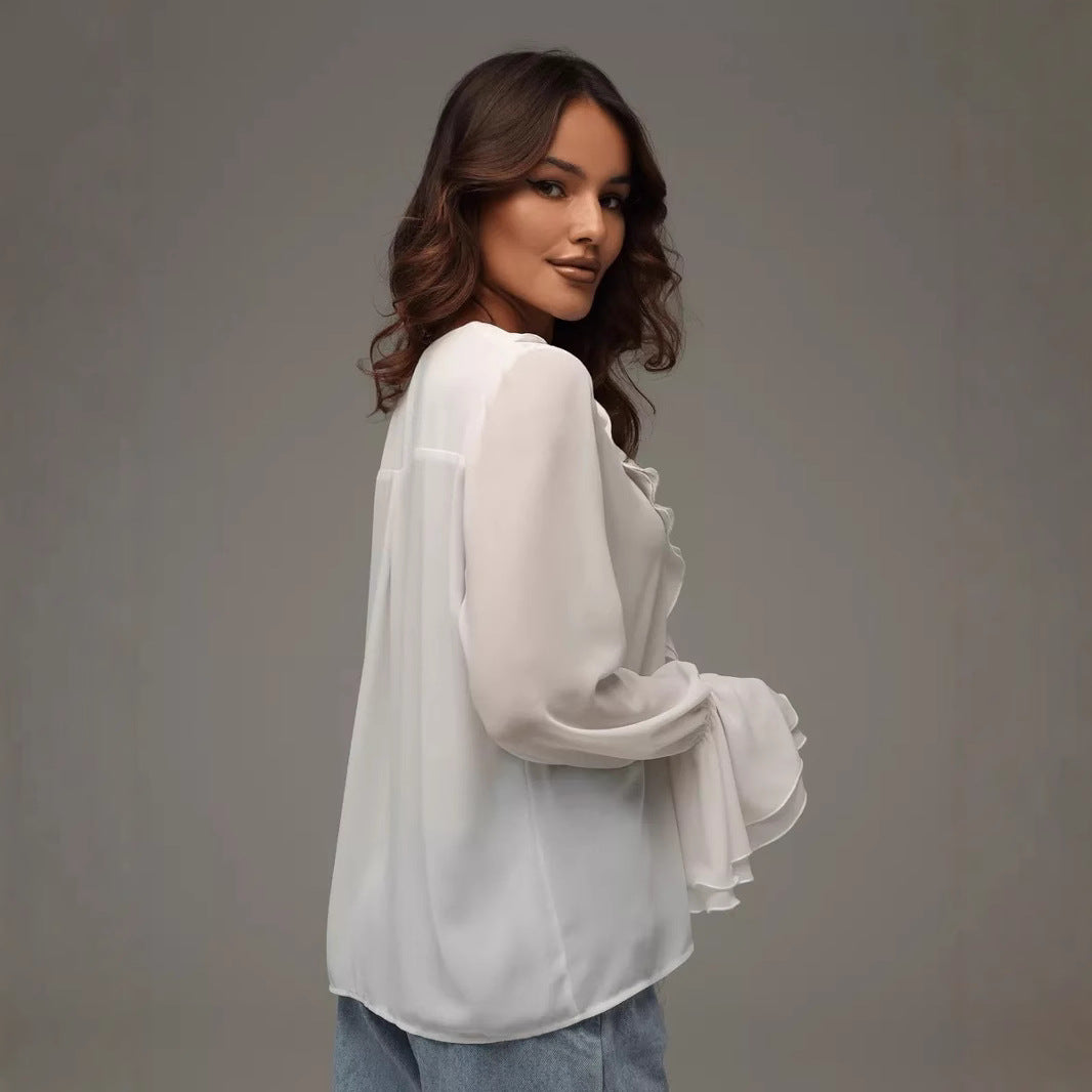 New Women's Top T-shirt Mesh Perspective Ruffle Edge Long Sleeve V-neck Lace Cardigan