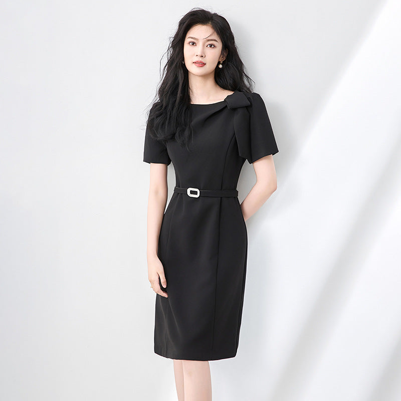 Elegant Bow Office Dress Women Designer Fashion Short Sleeve Belted Solid Red Party Knee Length Dresses Female Robes