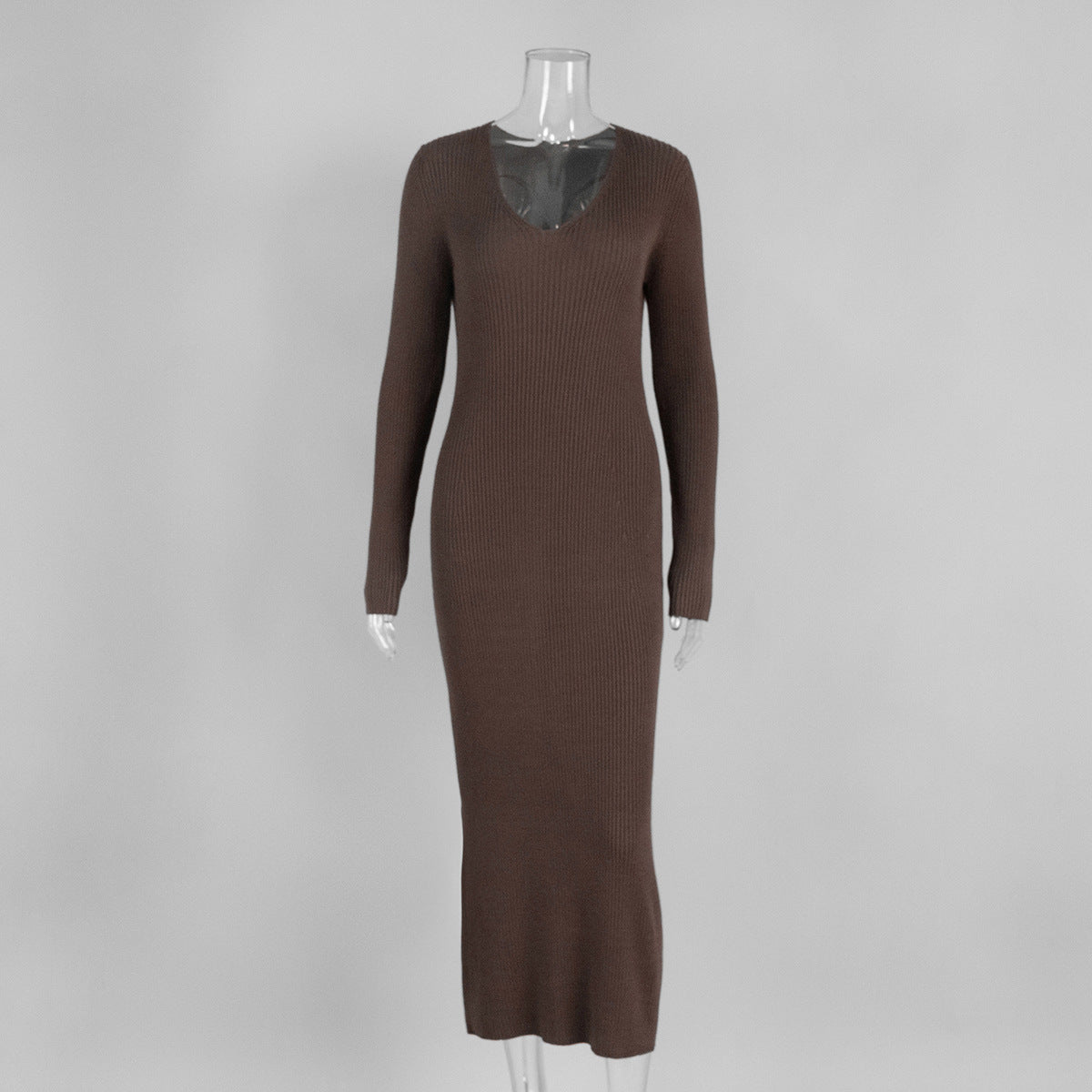 Autumn Winter Warm Women's Knitted Dress Elegant V Neck Thick A-line Dress Brown Long Sleeve Vintage Midi Casual Dresses for Wom