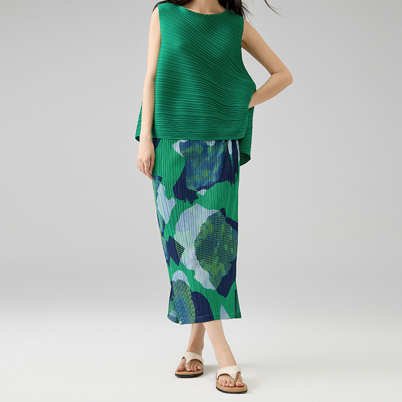 Summer New Elegant Temperament Slit Printed Half Skirt Slim Fit Versatile A-line Skirt