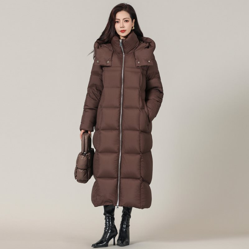 New Women Goose Down Coats Oversized Loose Long Brown Hooded Down Jackets Winter Warm Coat