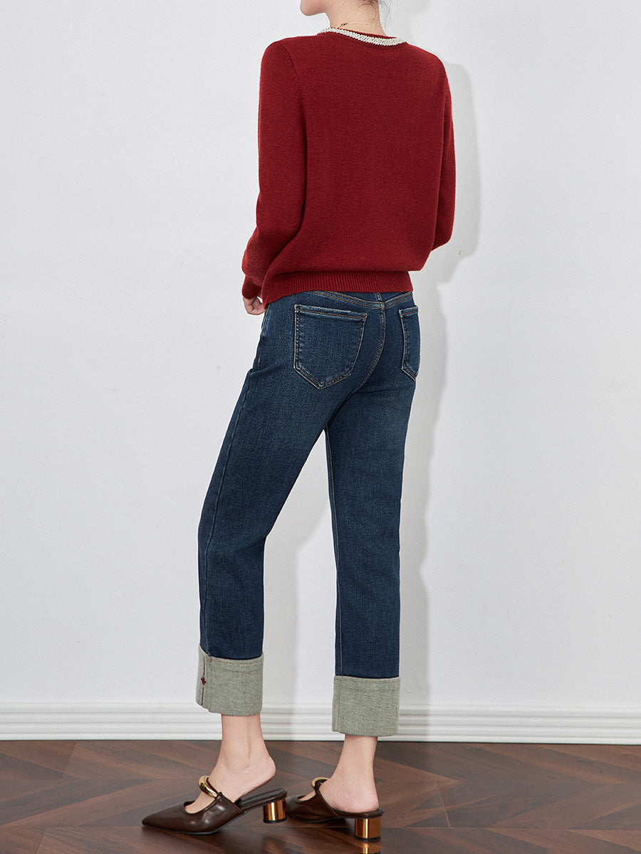 Winter Edition New Style Med Waist Versatile Casual Loose Retro Straight Cylinder Pants