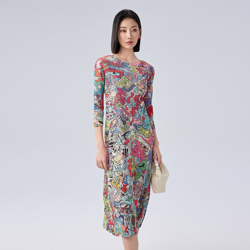 New Spring Print Pleated Skirt/Holiday Party Temperament Loose Bat S Sleeve Dress