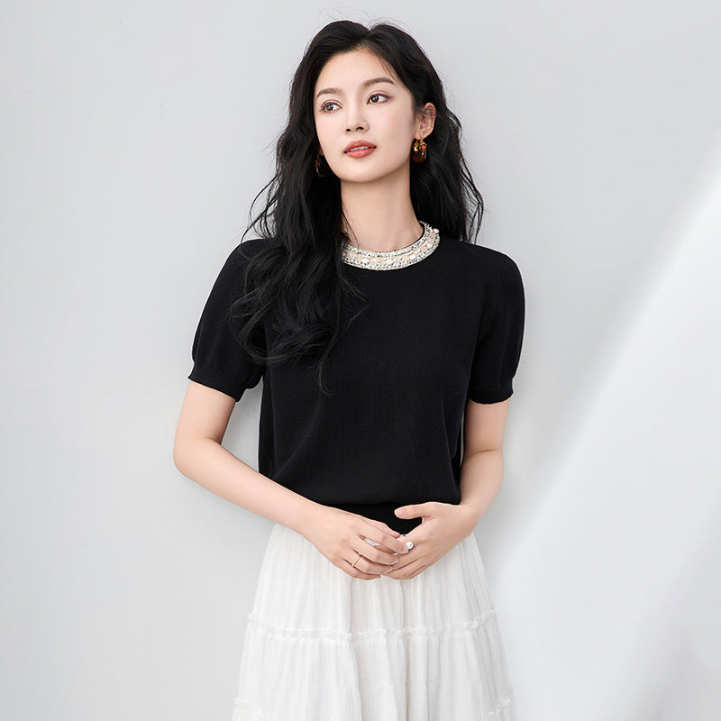 Outlet Summer Ice Silk Knitted ort Sve T-irt Women's Loose Fit round Ne Top Commute Sle Faion Mom's Wardrobe
