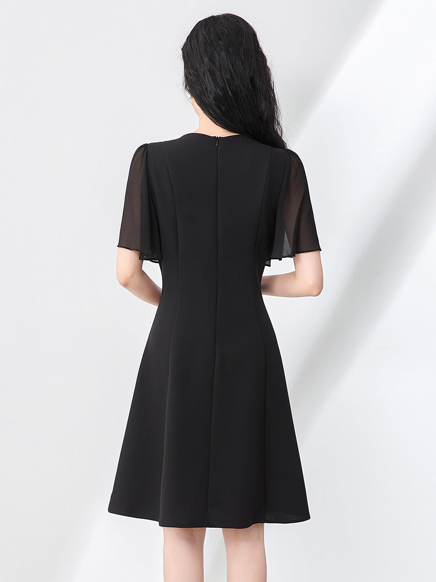 Elegant Fashion Black Dresses Round Neck Diamond Ruffles Sleeve High Waist Slim A-line Summer Dress for Women