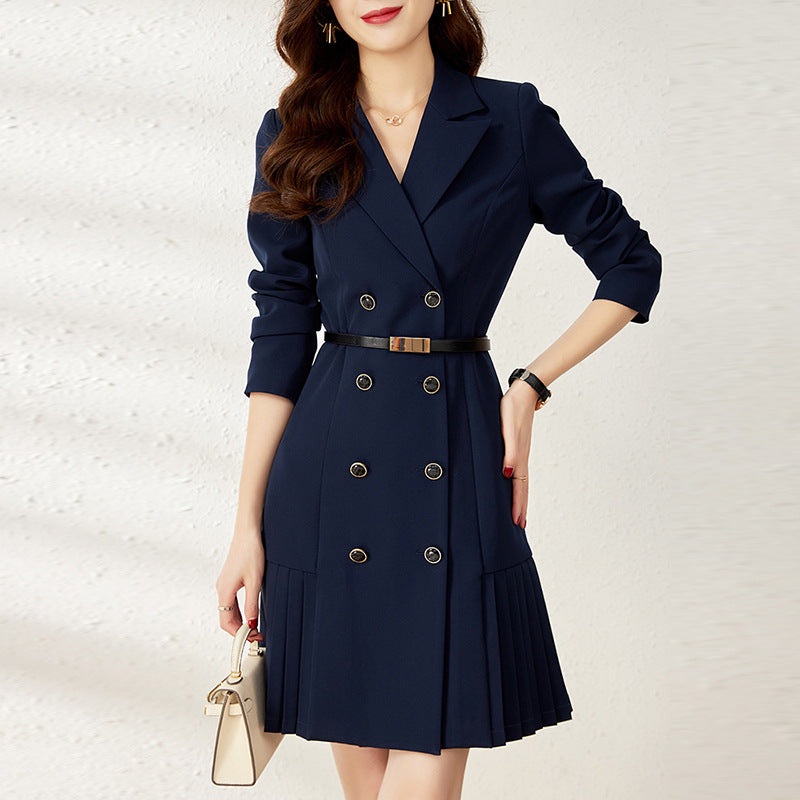 Womens French Belted Waist Double-Breasted Short Suit Skirt elegant Worsted Twill Material Lapel Gilded Button Pleated Hem Dress