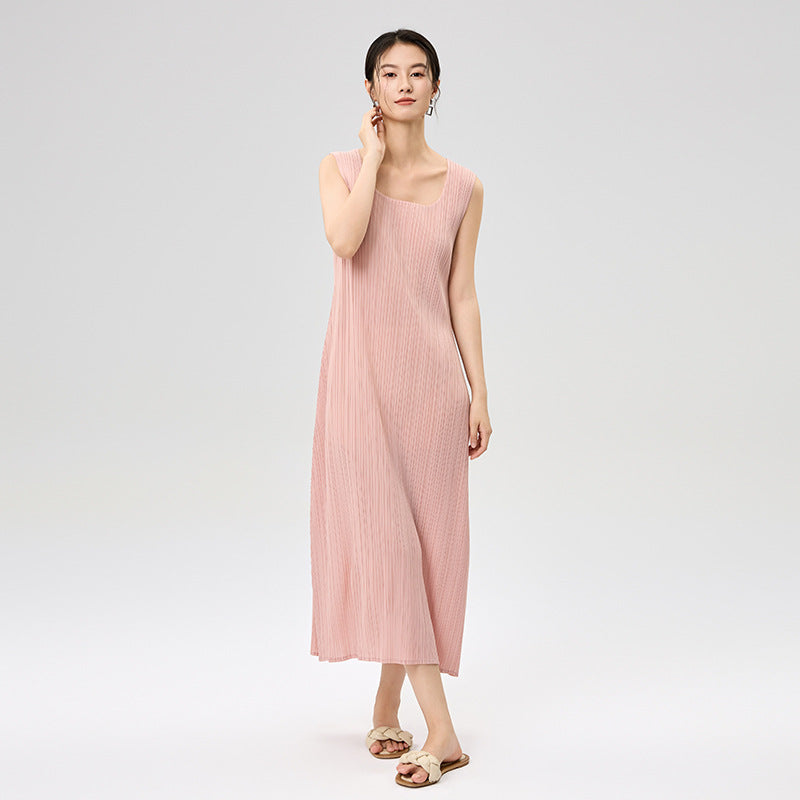 New French Vintage U-neck Sleeveless Women's Dress Elegant Temperament Elastic Slim Mid Length Dresses