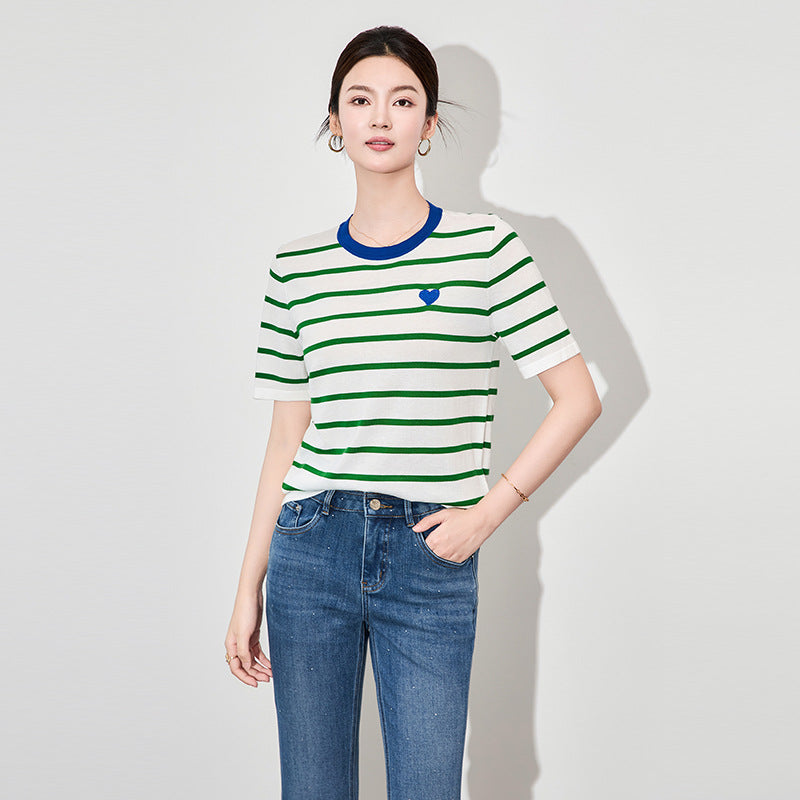Summer Women's Knitted T-shirt Sweater Love Embroidery Striped Loose Fashion Casual Tees Tops Short Sleeve