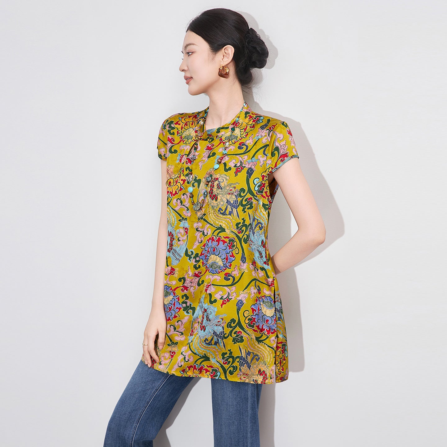 Summer Fashion Women's Blouse New Chinese Style Vintage Print Rayon Xiangyunsha Fabric Short Sleeve Elegant Top