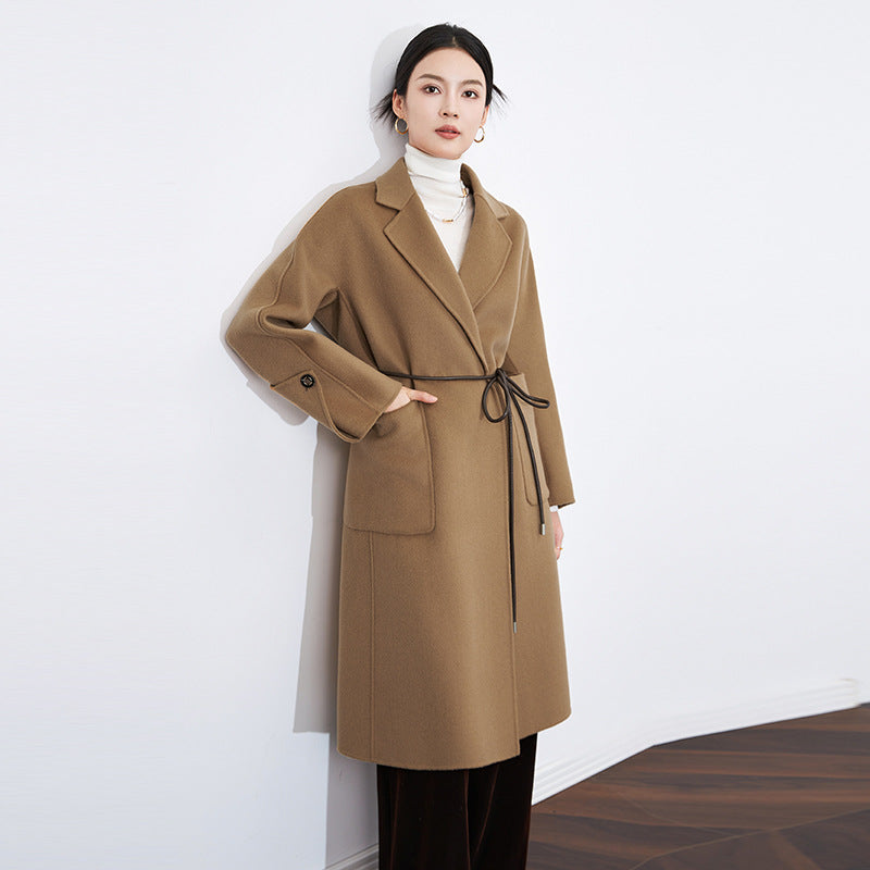 Women Handmade Hepburn Corrugated Water Ripples Coat Double-sided Cashmere Wool Long Woolen Jacket Cashmere Coat