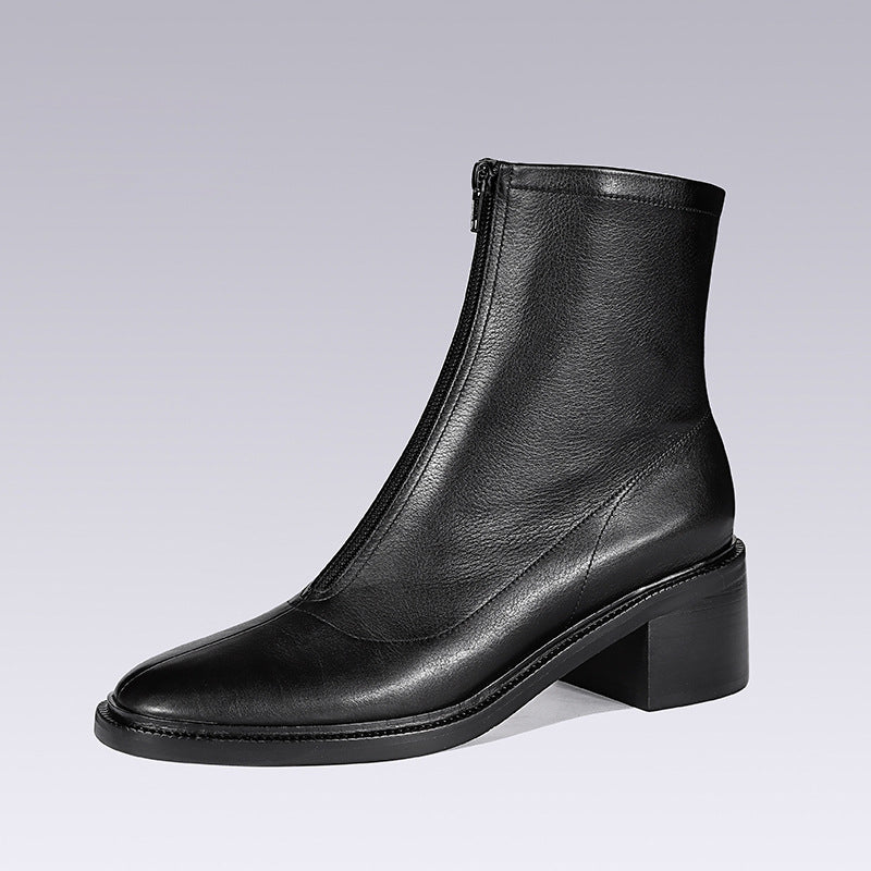 Women Boots Genuine Leather Shoes for Women Pointed Toe Chunky Heel Boots Western Boots Cowboy Boots