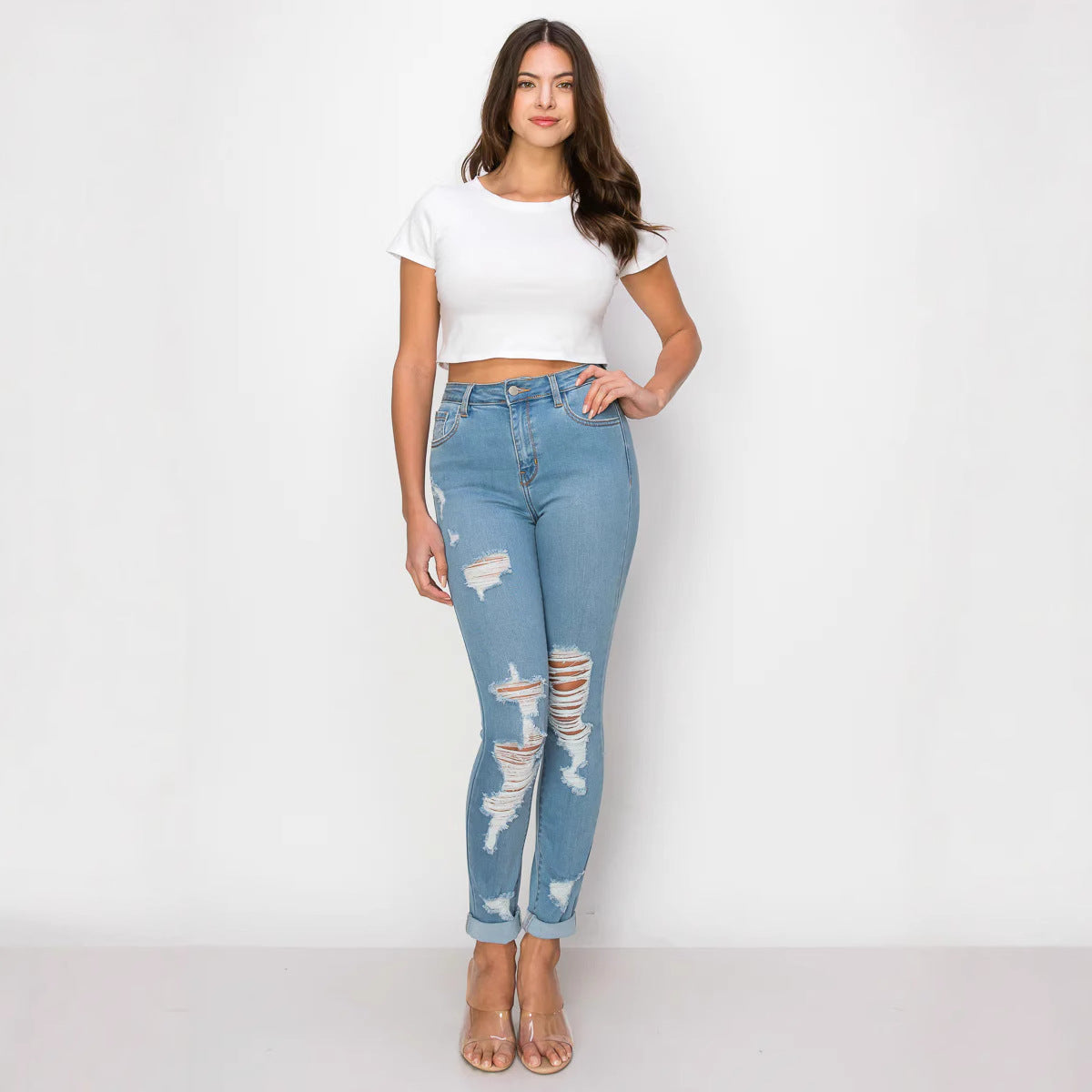 Denim Jeans Sexy Ripped Lace Cross Body Slimming Effects Fast Selling Through Borders