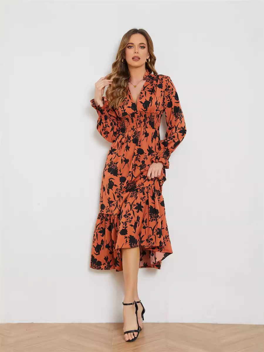 Summer Fashion New V-neck Long Sleeve High Waist Floral Elegance Dress for Women